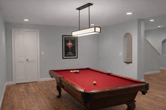 Pool table with red felt in a well-lit, muted room with light gray walls.